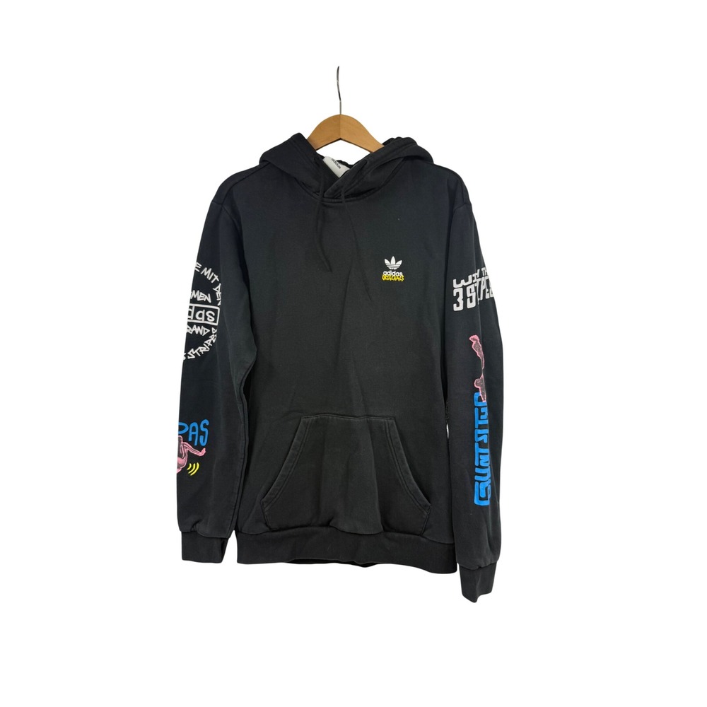 Adidas Originals Mens Graphic Hoodie Black Trefoil Streetwear Sweatshirt Small
